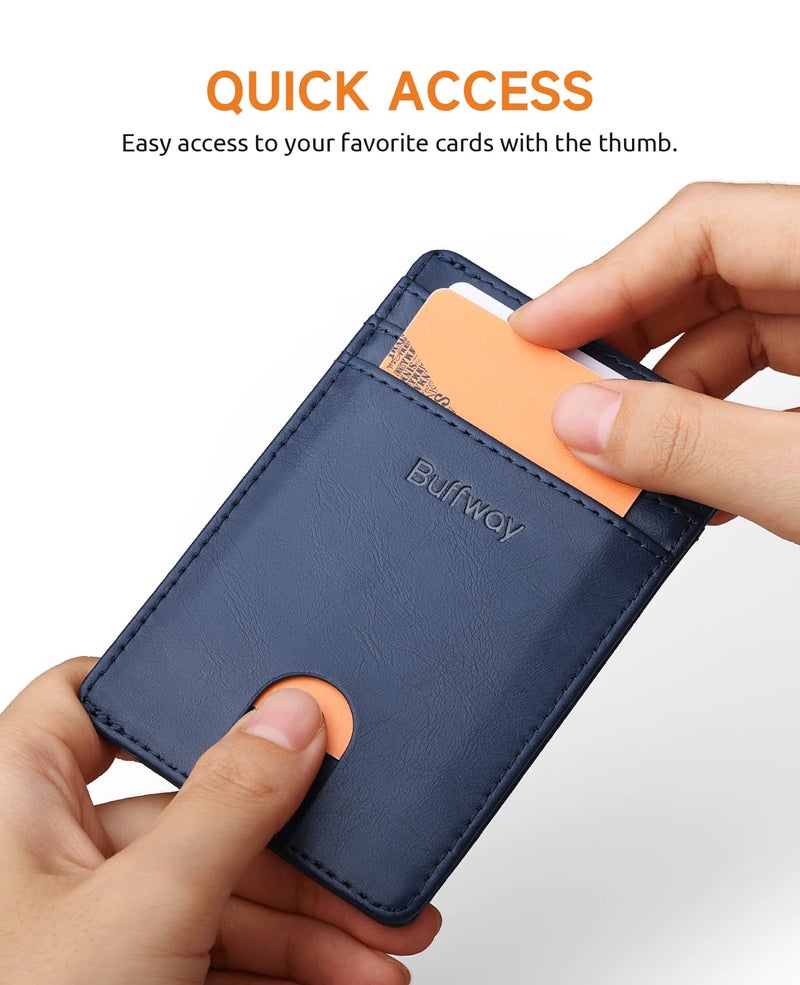 Buffway Mens Slim Wallet, Minimalist Thin Front Pocket Leather Credit Card Holder with RFID Blocking for Work Travel - Seattle Navy Blue - Image 3